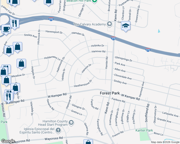 map of restaurants, bars, coffee shops, grocery stores, and more near 803 Heatherstone Drive in Cincinnati