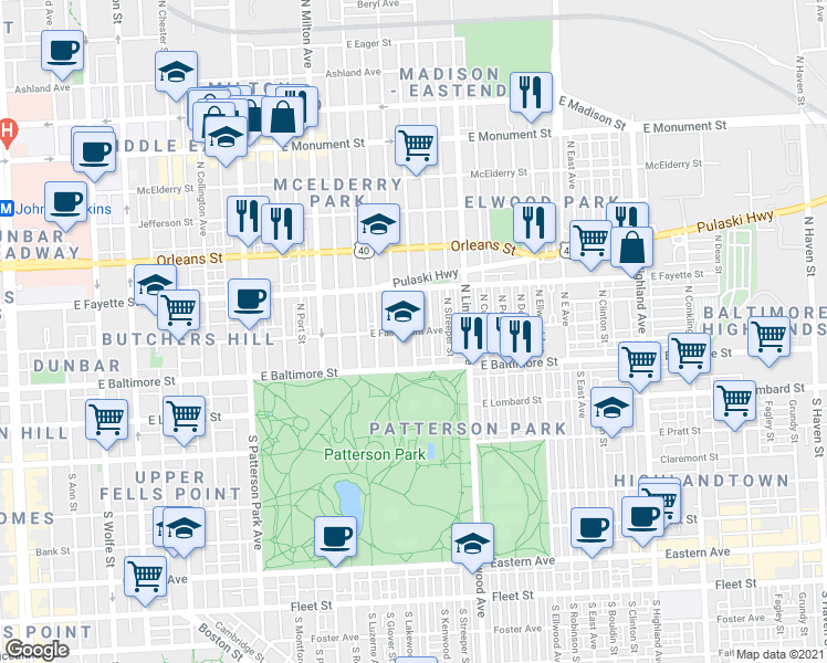 map of restaurants, bars, coffee shops, grocery stores, and more near E Fairmount Ave & N Belnord Ave in Baltimore