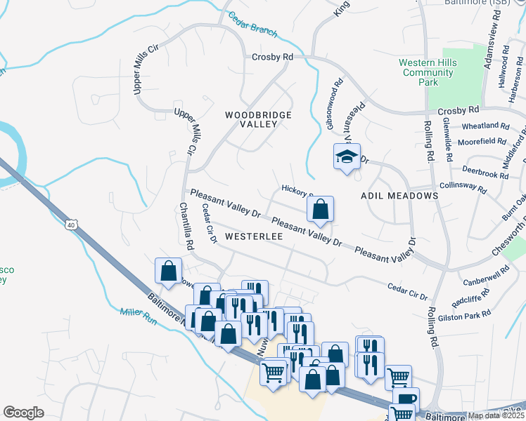 map of restaurants, bars, coffee shops, grocery stores, and more near 1341 Hickory Springs Circle in Catonsville