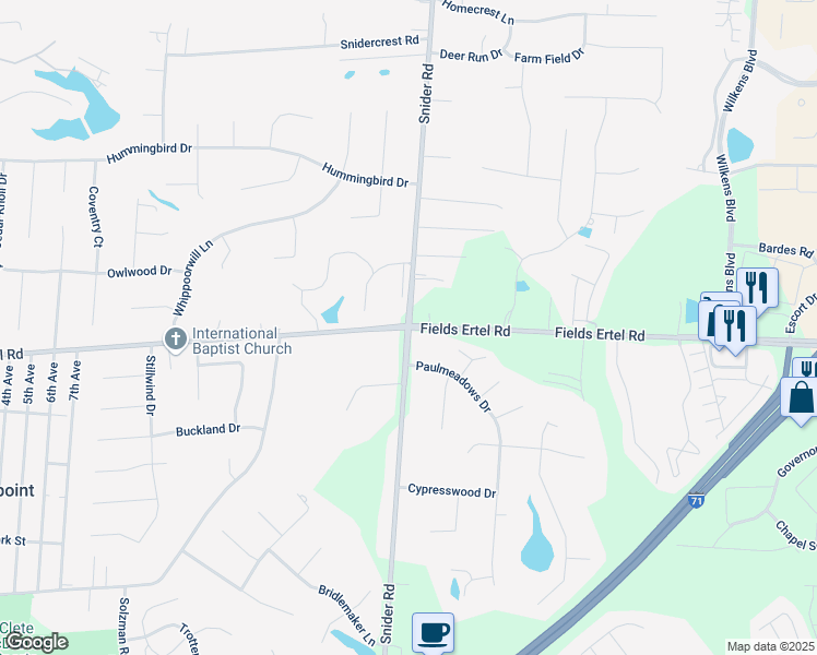 map of restaurants, bars, coffee shops, grocery stores, and more near Fields Ertel Rd & Snider Rd in Mason