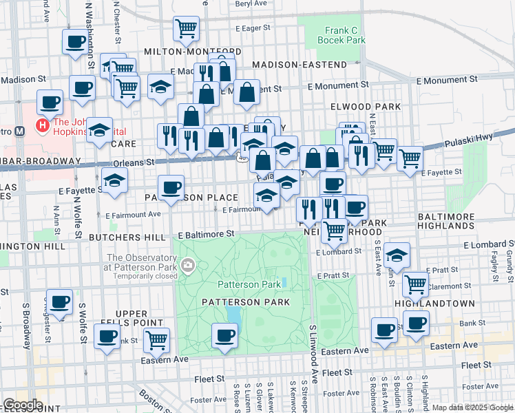 map of restaurants, bars, coffee shops, grocery stores, and more near 100 North Lakewood Avenue in Baltimore