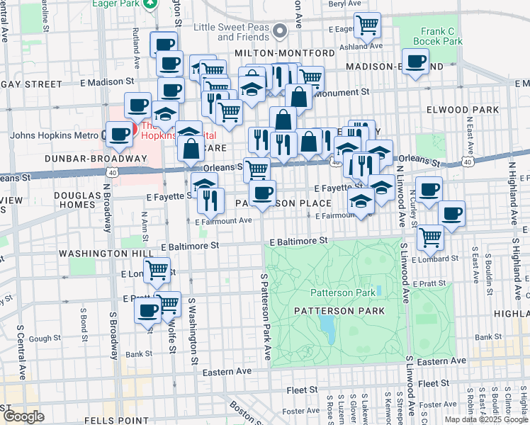 map of restaurants, bars, coffee shops, grocery stores, and more near 109 North Patterson Park Avenue in Baltimore