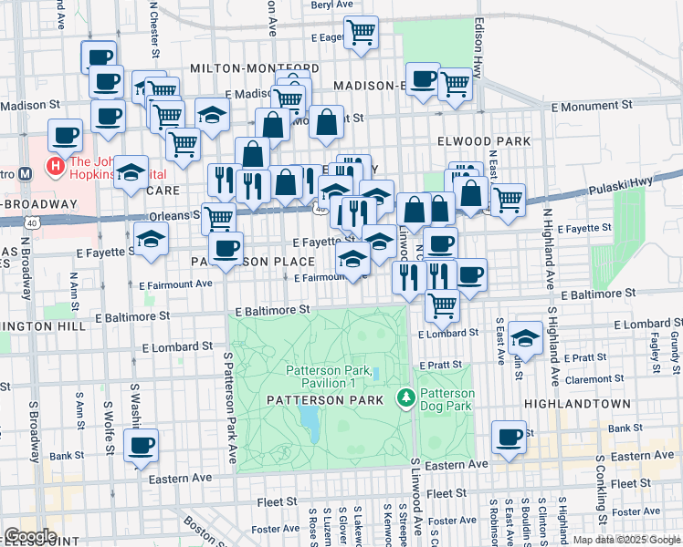 map of restaurants, bars, coffee shops, grocery stores, and more near 100 North Lakewood Avenue in Baltimore