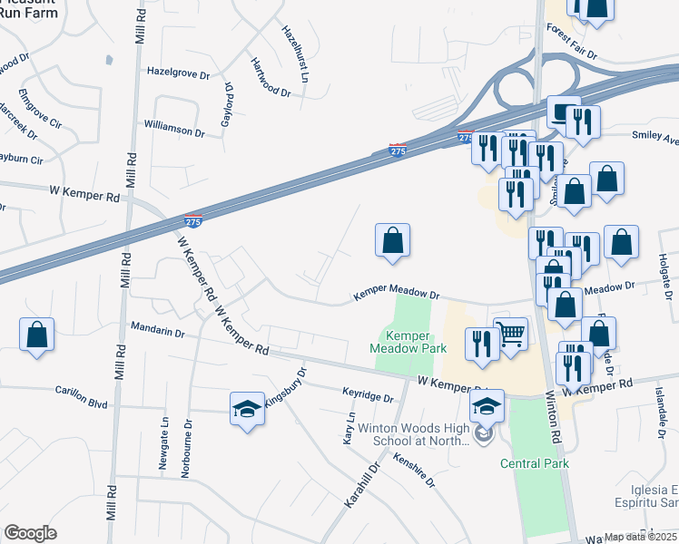 map of restaurants, bars, coffee shops, grocery stores, and more near 11840 Kemper Springs Drive in Cincinnati