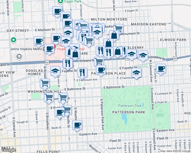 map of restaurants, bars, coffee shops, grocery stores, and more near 106 North Madeira Street in Baltimore