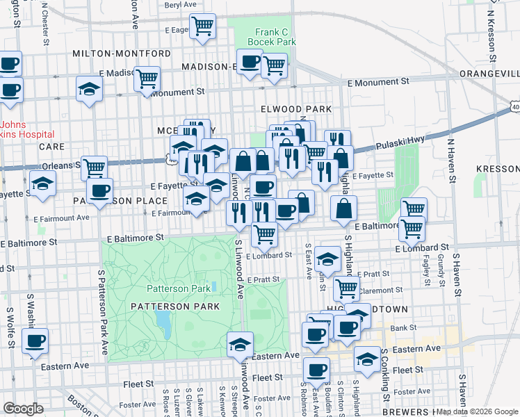 map of restaurants, bars, coffee shops, grocery stores, and more near E Fairmount Ave & N Potomac St in Baltimore