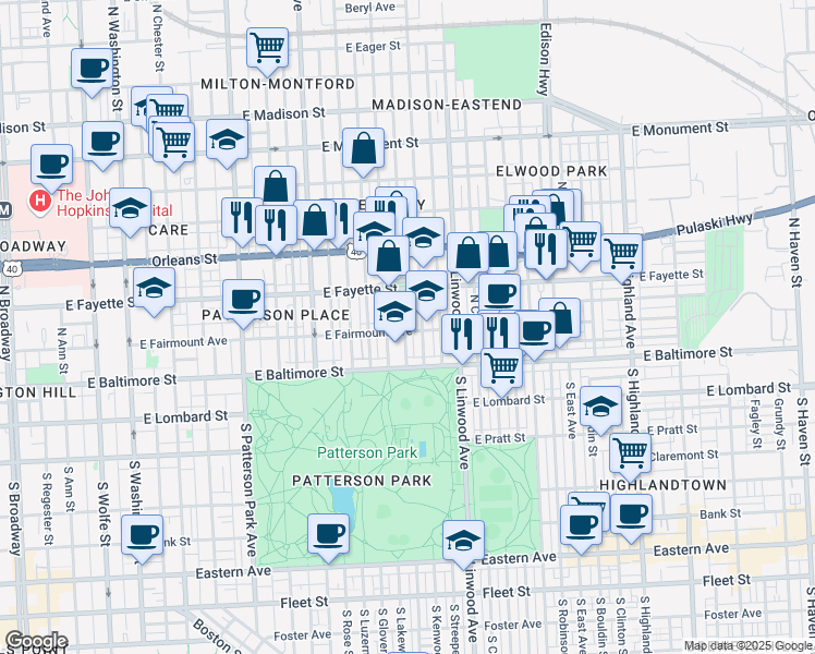 map of restaurants, bars, coffee shops, grocery stores, and more near 2710 East Fairmount Avenue in Baltimore