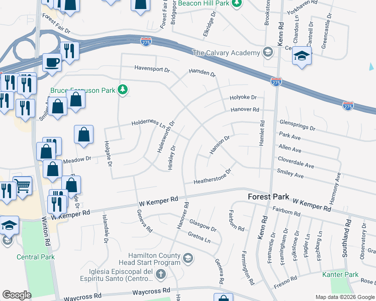 map of restaurants, bars, coffee shops, grocery stores, and more near 915 Holderness Lane in Cincinnati