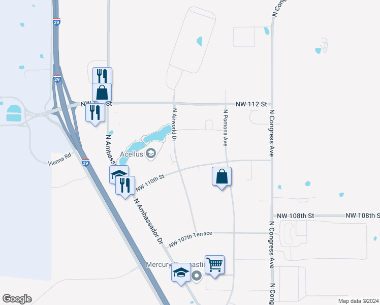 map of restaurants, bars, coffee shops, grocery stores, and more near 11111 North Airworld Drive in Kansas City
