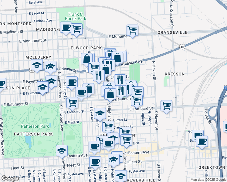 map of restaurants, bars, coffee shops, grocery stores, and more near 3413 East Fairmount Avenue in Baltimore