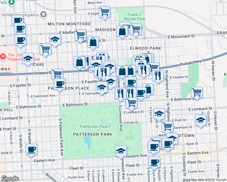map of restaurants, bars, coffee shops, grocery stores, and more near 2806 East Fairmount Avenue in Baltimore