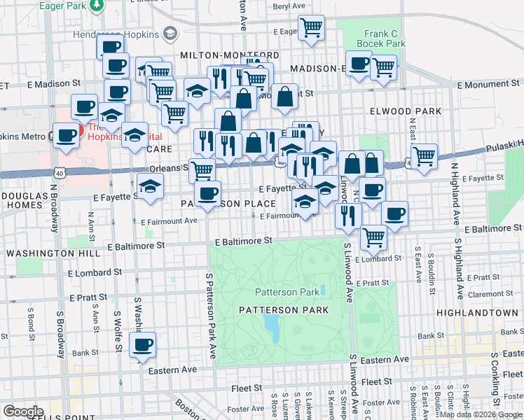 map of restaurants, bars, coffee shops, grocery stores, and more near 100 North Rose Street in Baltimore