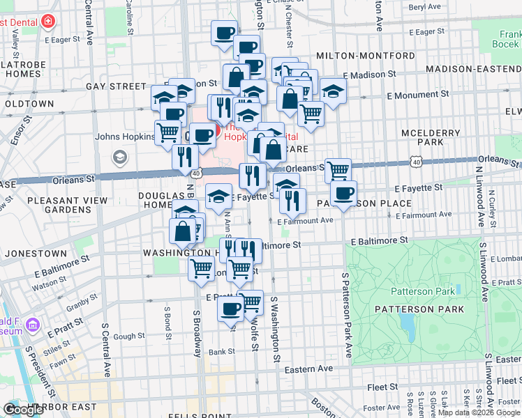 map of restaurants, bars, coffee shops, grocery stores, and more near 101 North Wolfe Street in Baltimore