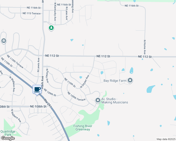 map of restaurants, bars, coffee shops, grocery stores, and more near 9102 Northeast 111th Street in Kansas City