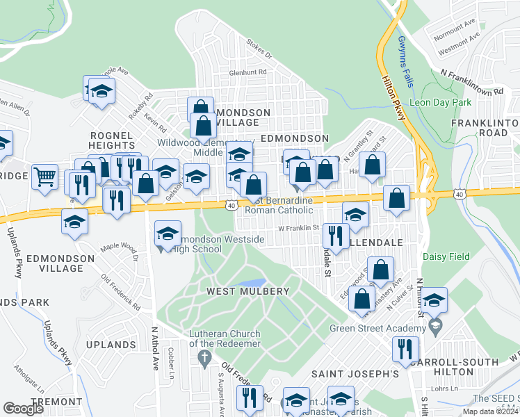 map of restaurants, bars, coffee shops, grocery stores, and more near 3937 Edmondson Avenue in Baltimore