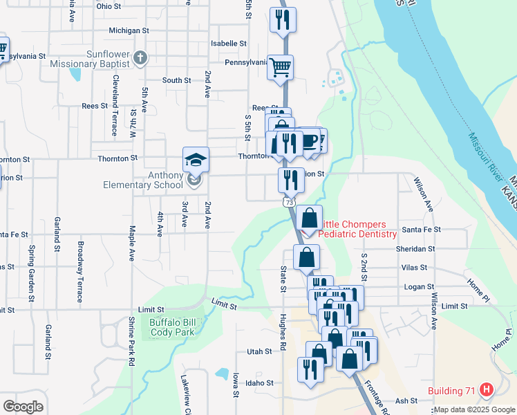 map of restaurants, bars, coffee shops, grocery stores, and more near 2301 South 5th Street in Leavenworth