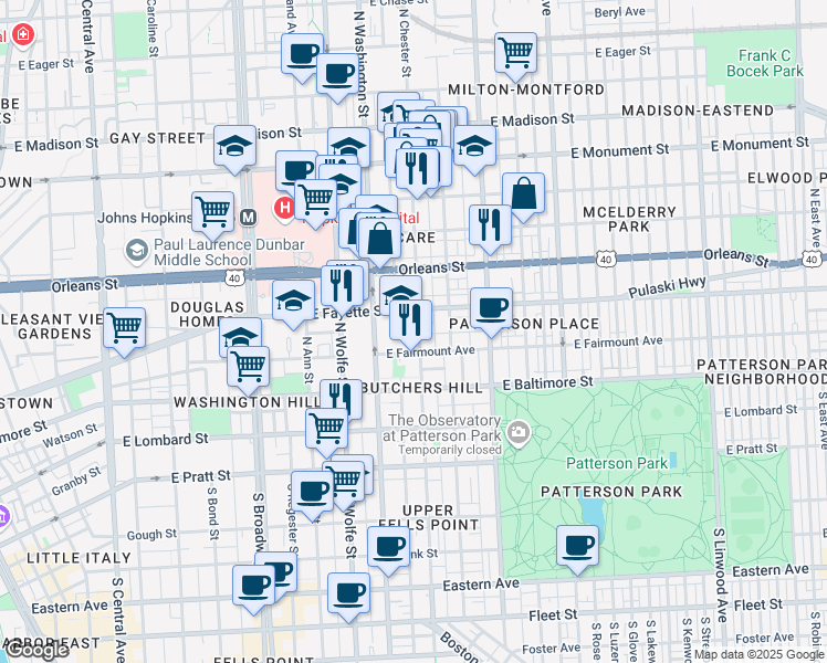 map of restaurants, bars, coffee shops, grocery stores, and more near 100 North Chester Street in Baltimore
