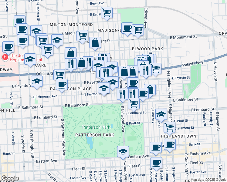 map of restaurants, bars, coffee shops, grocery stores, and more near 107 North Kenwood Avenue in Baltimore