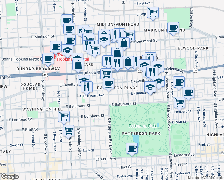 map of restaurants, bars, coffee shops, grocery stores, and more near 108 North Bradford Street in Baltimore