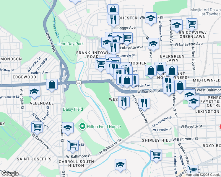 map of restaurants, bars, coffee shops, grocery stores, and more near 519 North Longwood Street in Baltimore