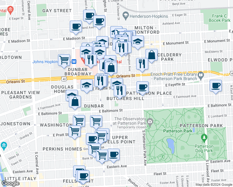map of restaurants, bars, coffee shops, grocery stores, and more near 100 North Chester Street in Baltimore