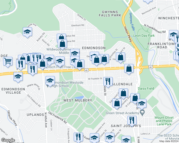 map of restaurants, bars, coffee shops, grocery stores, and more near 3907 Edmondson Avenue in Baltimore