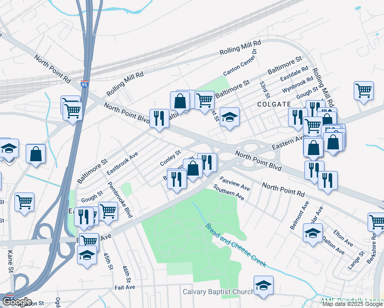 map of restaurants, bars, coffee shops, grocery stores, and more near 7318 Bridgewood Drive in Baltimore
