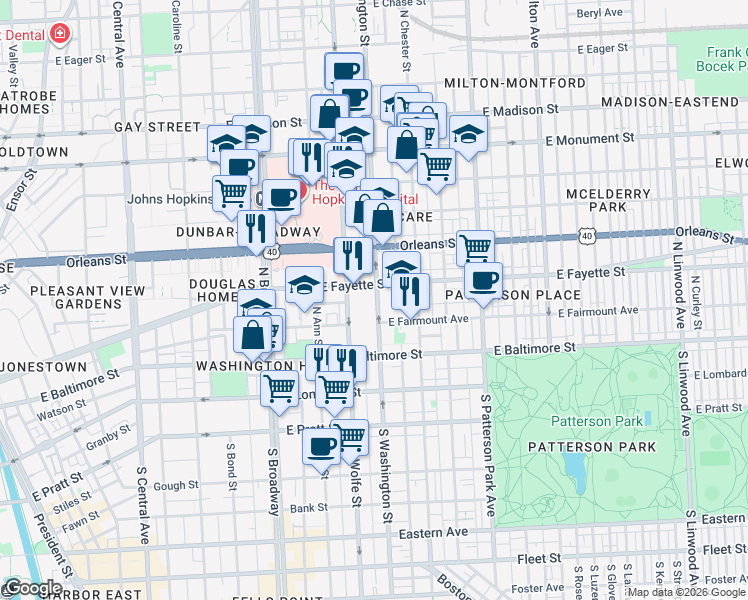 map of restaurants, bars, coffee shops, grocery stores, and more near 101 North Wolfe Street in Baltimore