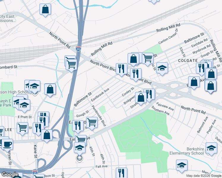map of restaurants, bars, coffee shops, grocery stores, and more near 7127 Eastbrook Avenue in Baltimore