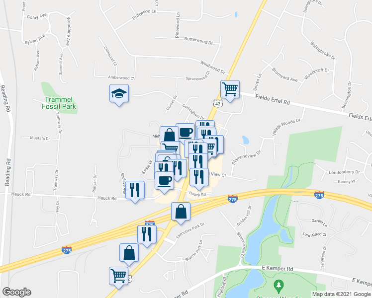 map of restaurants, bars, coffee shops, grocery stores, and more near 12045 Lebanon Road in Sharonville