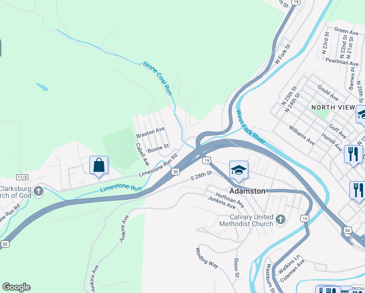 map of restaurants, bars, coffee shops, grocery stores, and more near 72 Perry Hollow Road in Clarksburg