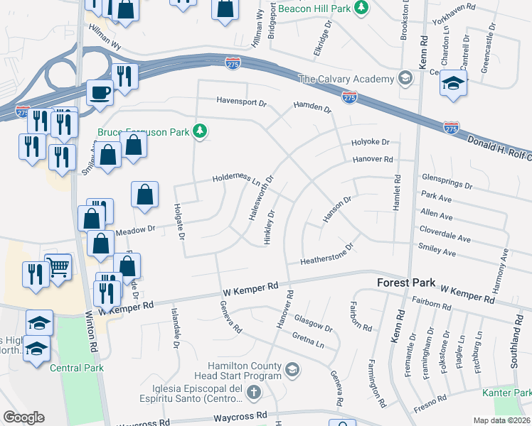 map of restaurants, bars, coffee shops, grocery stores, and more near 945 Halesworth Drive in Cincinnati