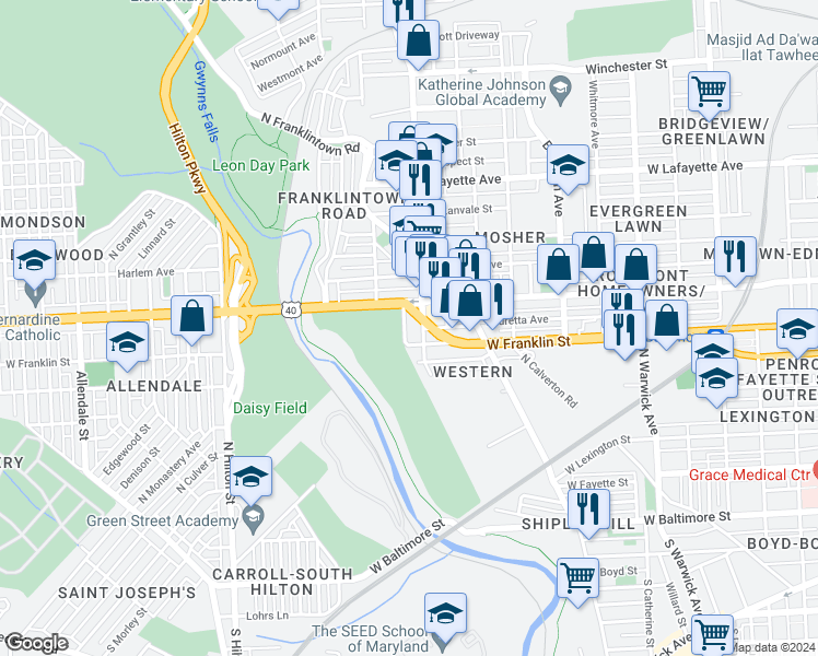 map of restaurants, bars, coffee shops, grocery stores, and more near 519 North Longwood Street in Baltimore