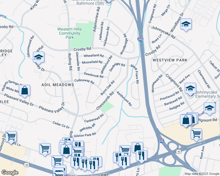 map of restaurants, bars, coffee shops, grocery stores, and more near 6031 Burnt Oak Road in Catonsville