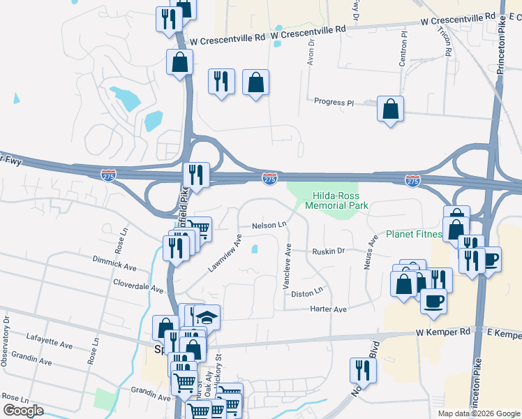 map of restaurants, bars, coffee shops, grocery stores, and more near 11891 Lawnview Avenue in Springdale