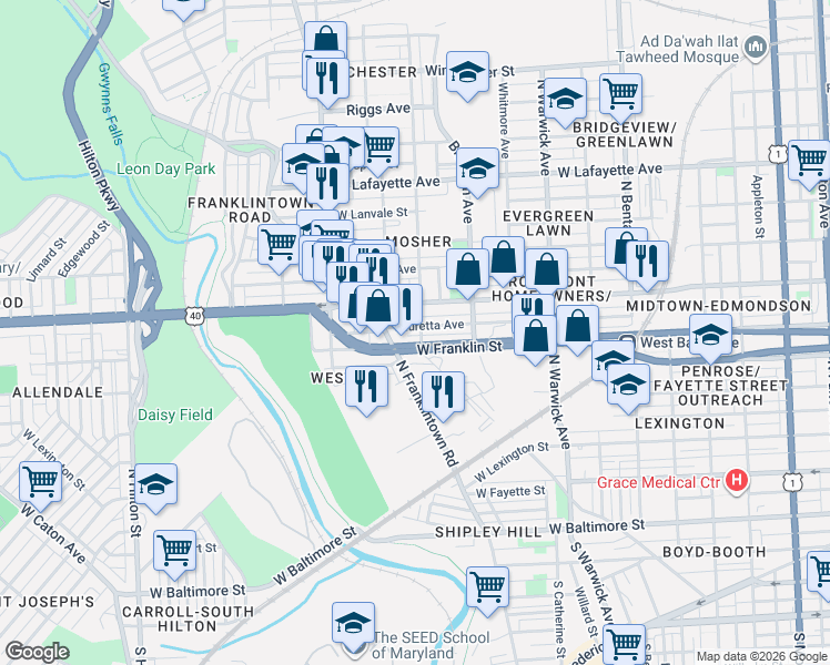 map of restaurants, bars, coffee shops, grocery stores, and more near 2705 Lauretta Avenue in Baltimore