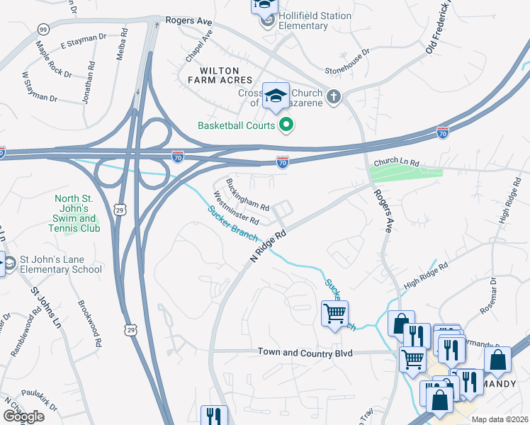 map of restaurants, bars, coffee shops, grocery stores, and more near 2607 Buckingham Road in Ellicott City