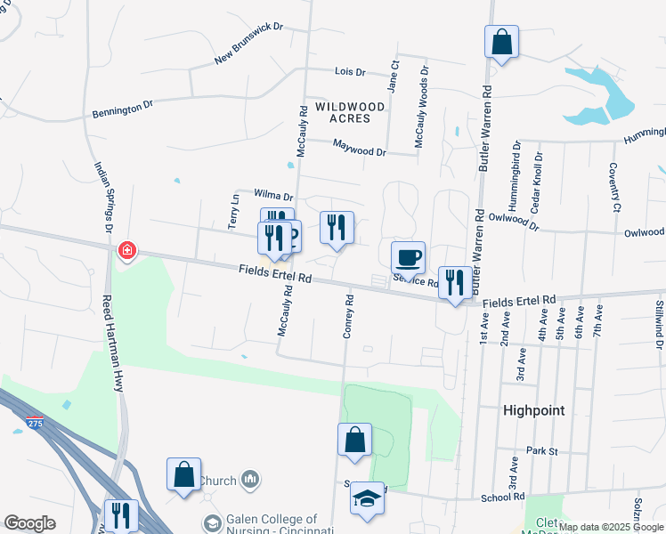 map of restaurants, bars, coffee shops, grocery stores, and more near 10160 Crossing Drive in Sharonville