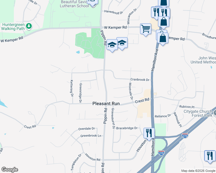 map of restaurants, bars, coffee shops, grocery stores, and more near 11629 Pippin Road in Cincinnati