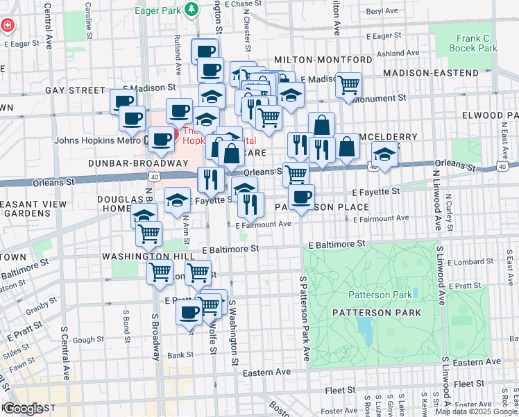 map of restaurants, bars, coffee shops, grocery stores, and more near 115 North Chester Street in Baltimore