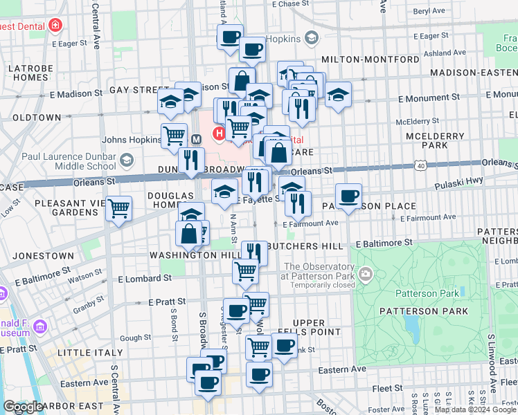 map of restaurants, bars, coffee shops, grocery stores, and more near 345 Saint Paul Place in Baltimore