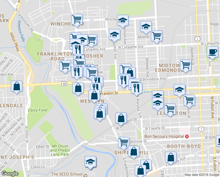 map of restaurants, bars, coffee shops, grocery stores, and more near 2639 Lauretta Avenue in Baltimore