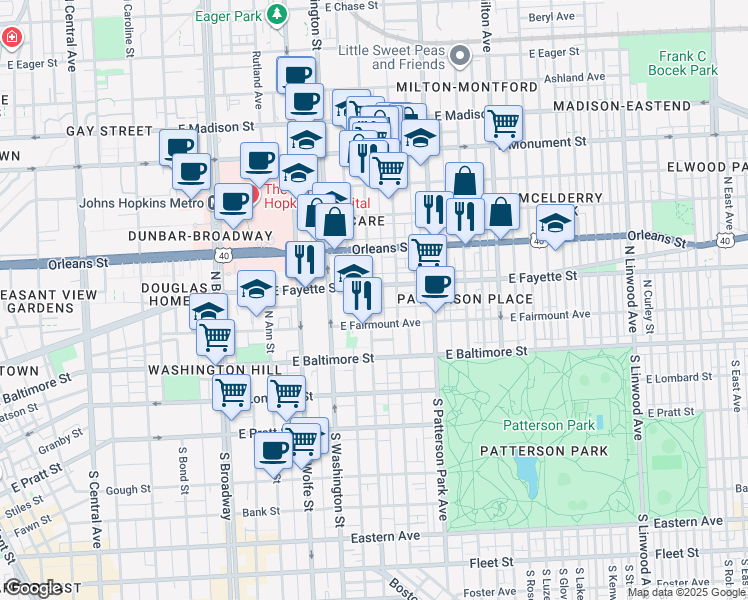 map of restaurants, bars, coffee shops, grocery stores, and more near 115 North Chester Street in Baltimore