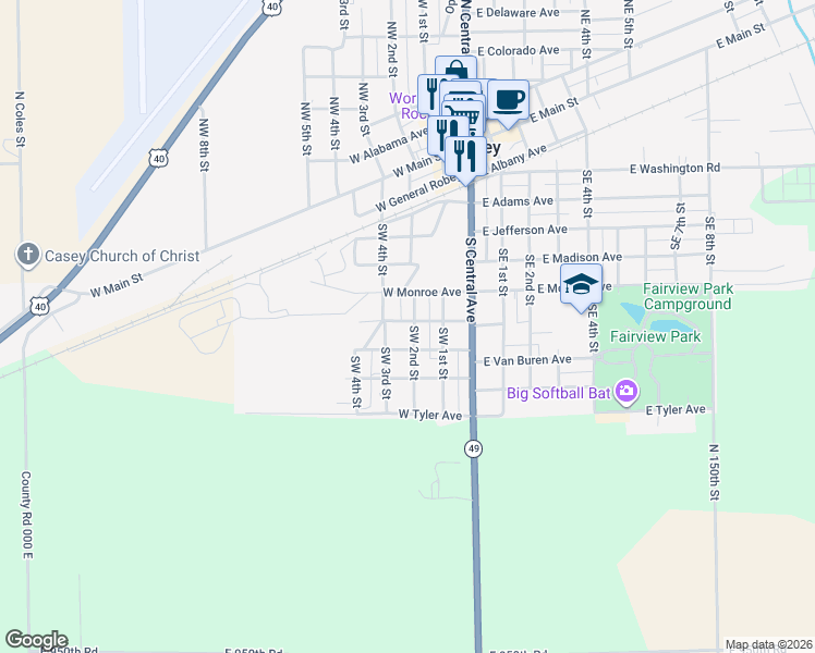 map of restaurants, bars, coffee shops, grocery stores, and more near 200-298 West Jackson Avenue in Casey
