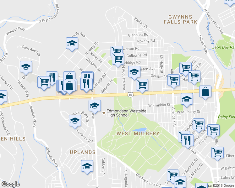 map of restaurants, bars, coffee shops, grocery stores, and more near Edmondson Ave & N Woodington Rd in Baltimore