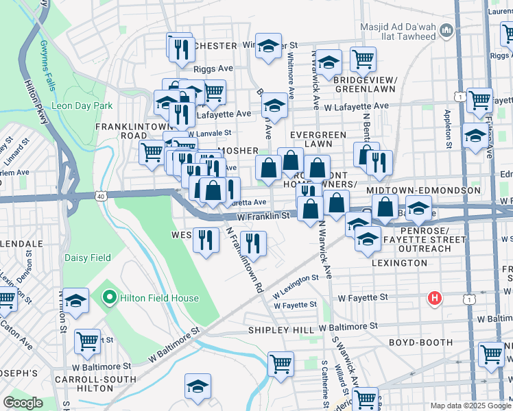 map of restaurants, bars, coffee shops, grocery stores, and more near 2639 Lauretta Avenue in Baltimore