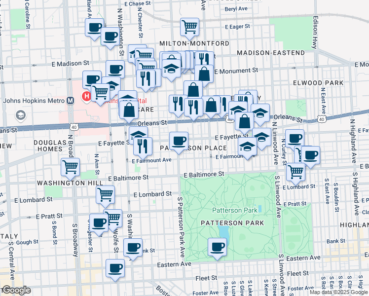 map of restaurants, bars, coffee shops, grocery stores, and more near 122 North Bradford Street in Baltimore