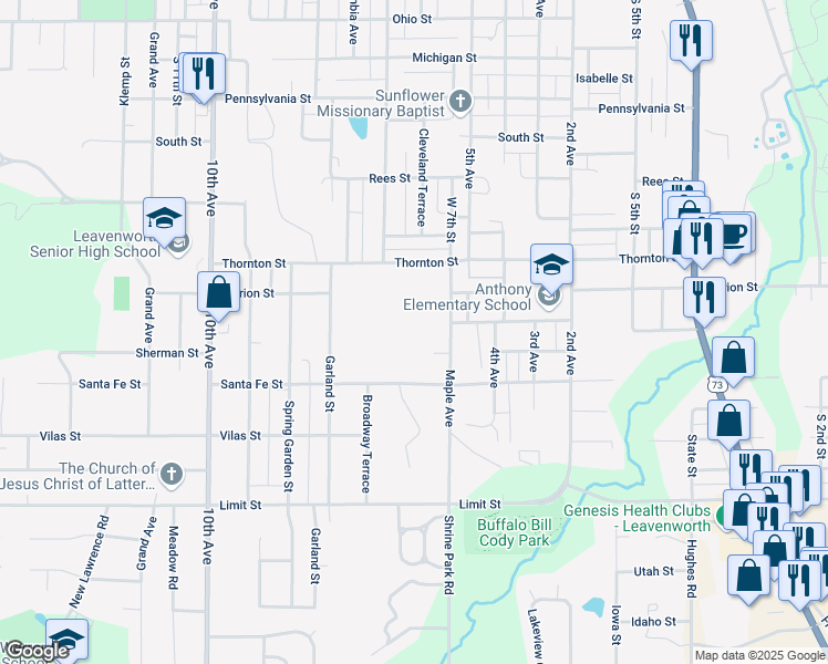 map of restaurants, bars, coffee shops, grocery stores, and more near 2304 Maple Avenue in Leavenworth