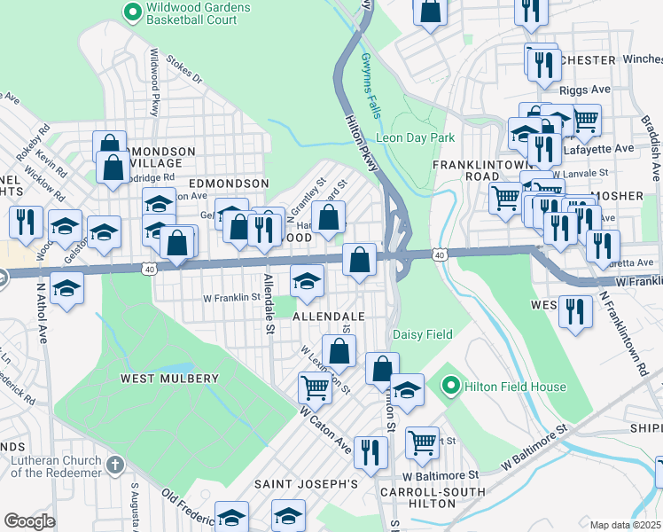 map of restaurants, bars, coffee shops, grocery stores, and more near 3441 Edmondson Avenue in Baltimore