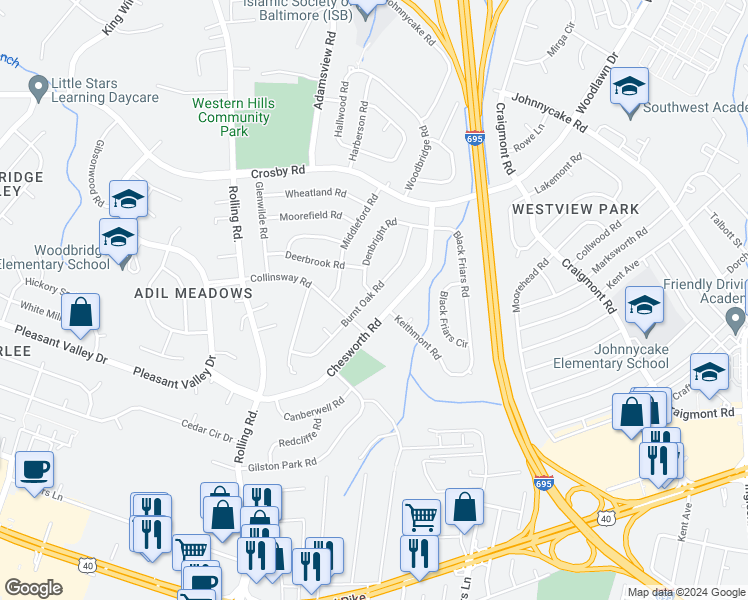 map of restaurants, bars, coffee shops, grocery stores, and more near 6031 Burnt Oak Road in Catonsville